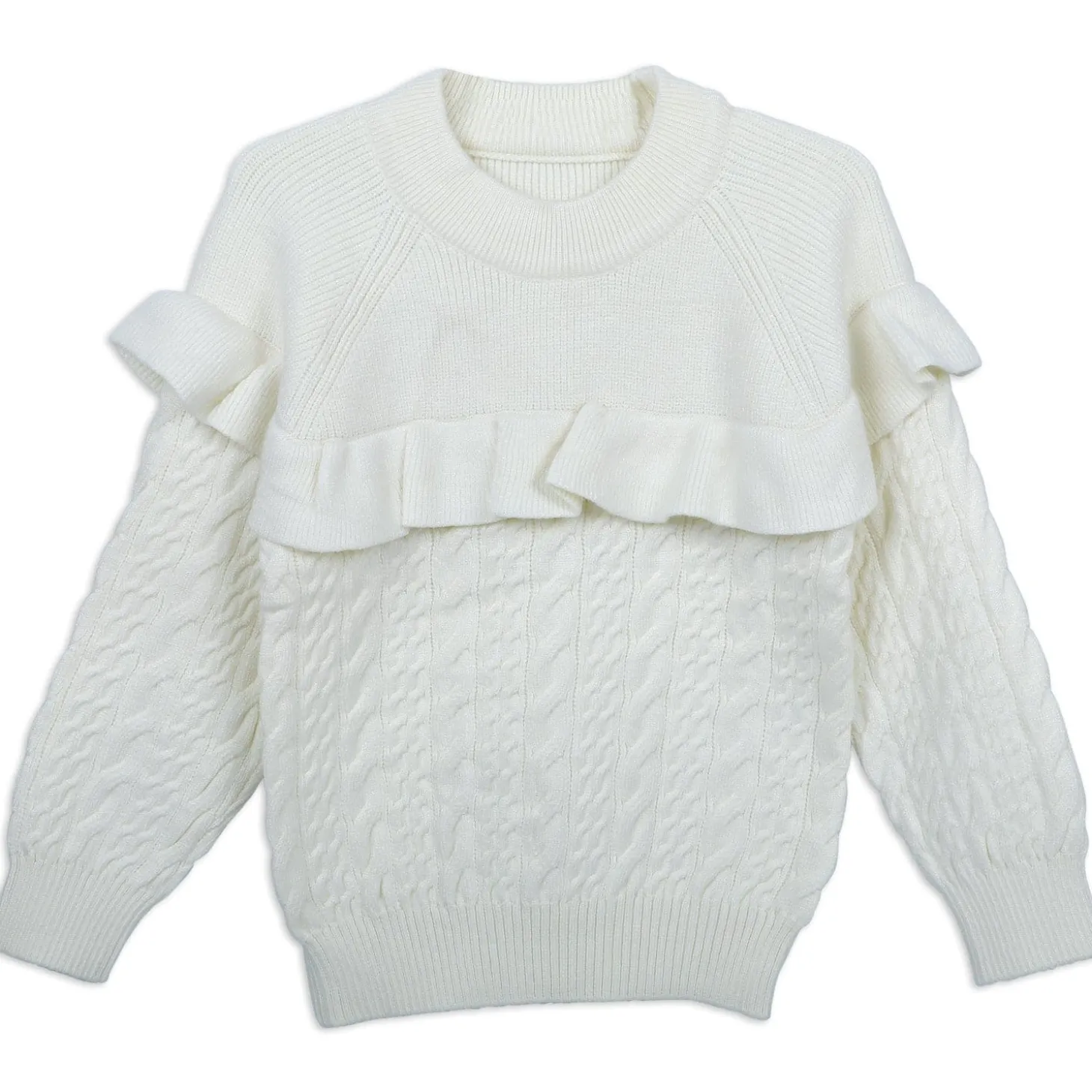 Ruffled Jumper Solid Premium Full Sleeves Braided Knit Sweater - White