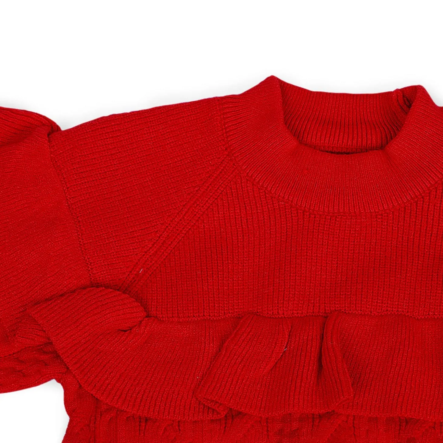 Ruffled Jumper Solid Premium Full Sleeves Braided Knit Sweater - Red