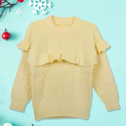 Ruffled Jumper Solid Premium Full Sleeves Braided Knit Sweater - Yellow