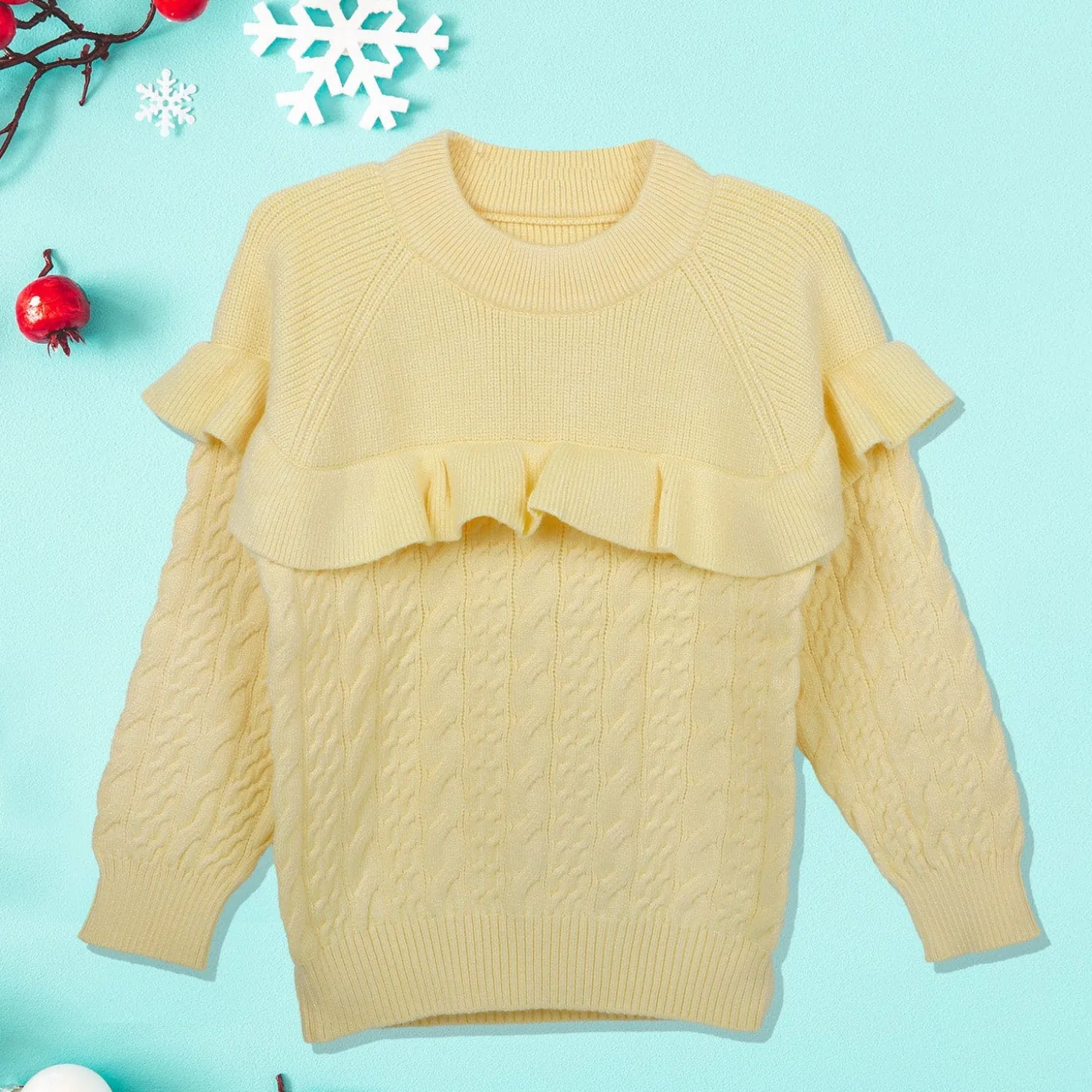 Ruffled Jumper Solid Premium Full Sleeves Braided Knit Sweater - Yellow