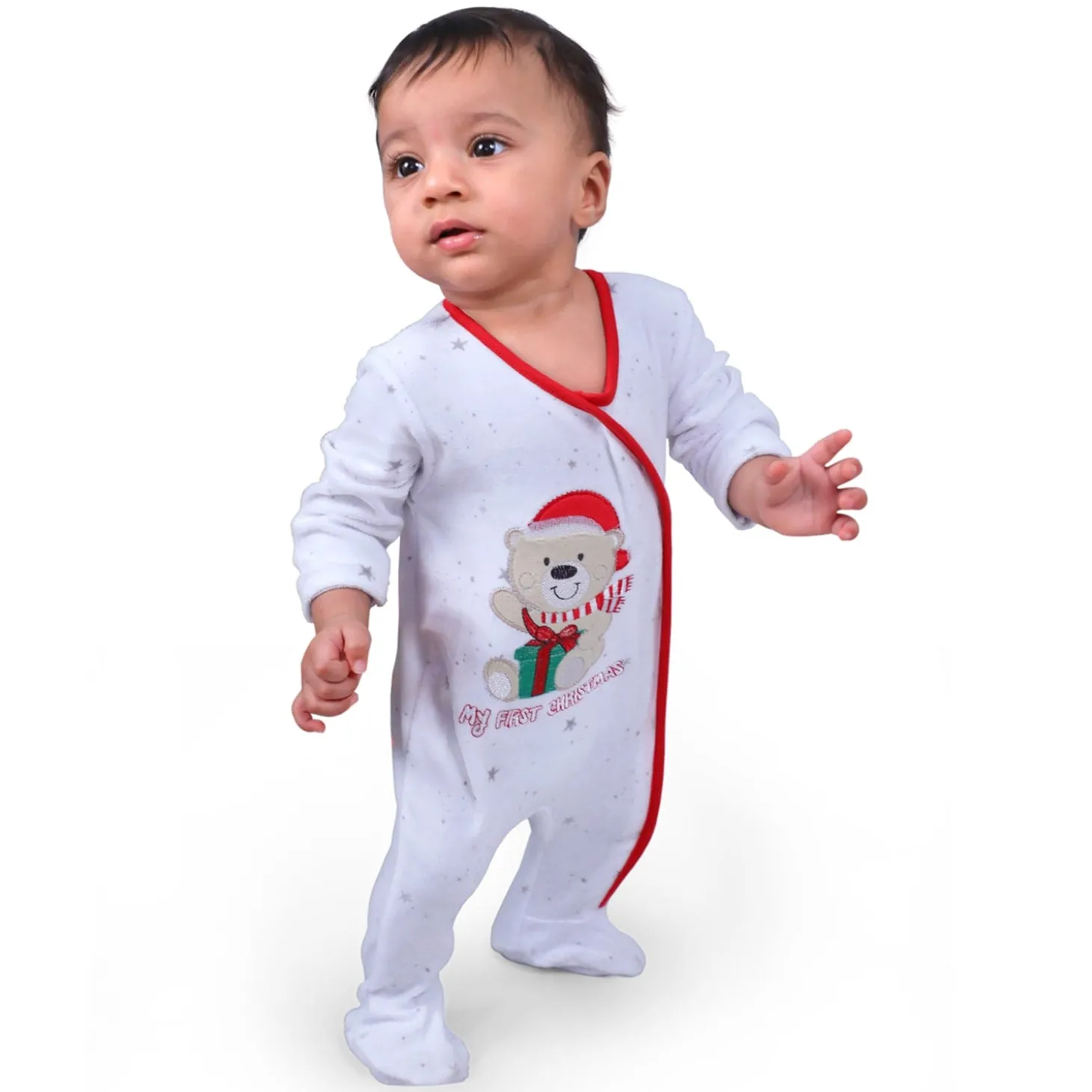 Santa's Favourite Infant Full Sleeves Snap Button Bodysuit Romper - White
