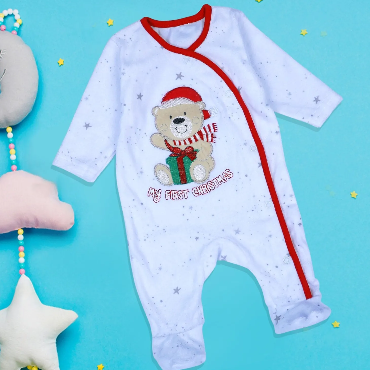 Santa's Favourite Infant Full Sleeves Snap Button Bodysuit Romper - White