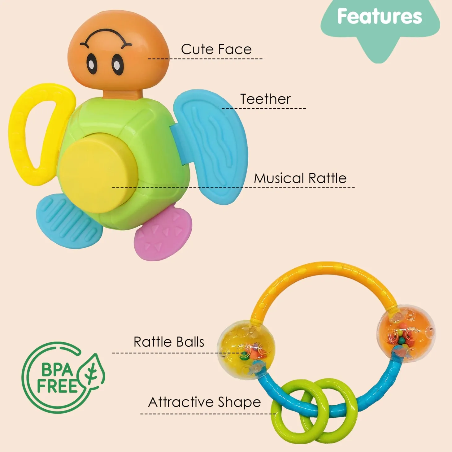 Smiley Multicolour Touch Button Teether Toy and Rattle Set
