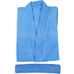 Solid Toddler Half Sleeves Pocket with Waist Belt Bathrobe - Blue