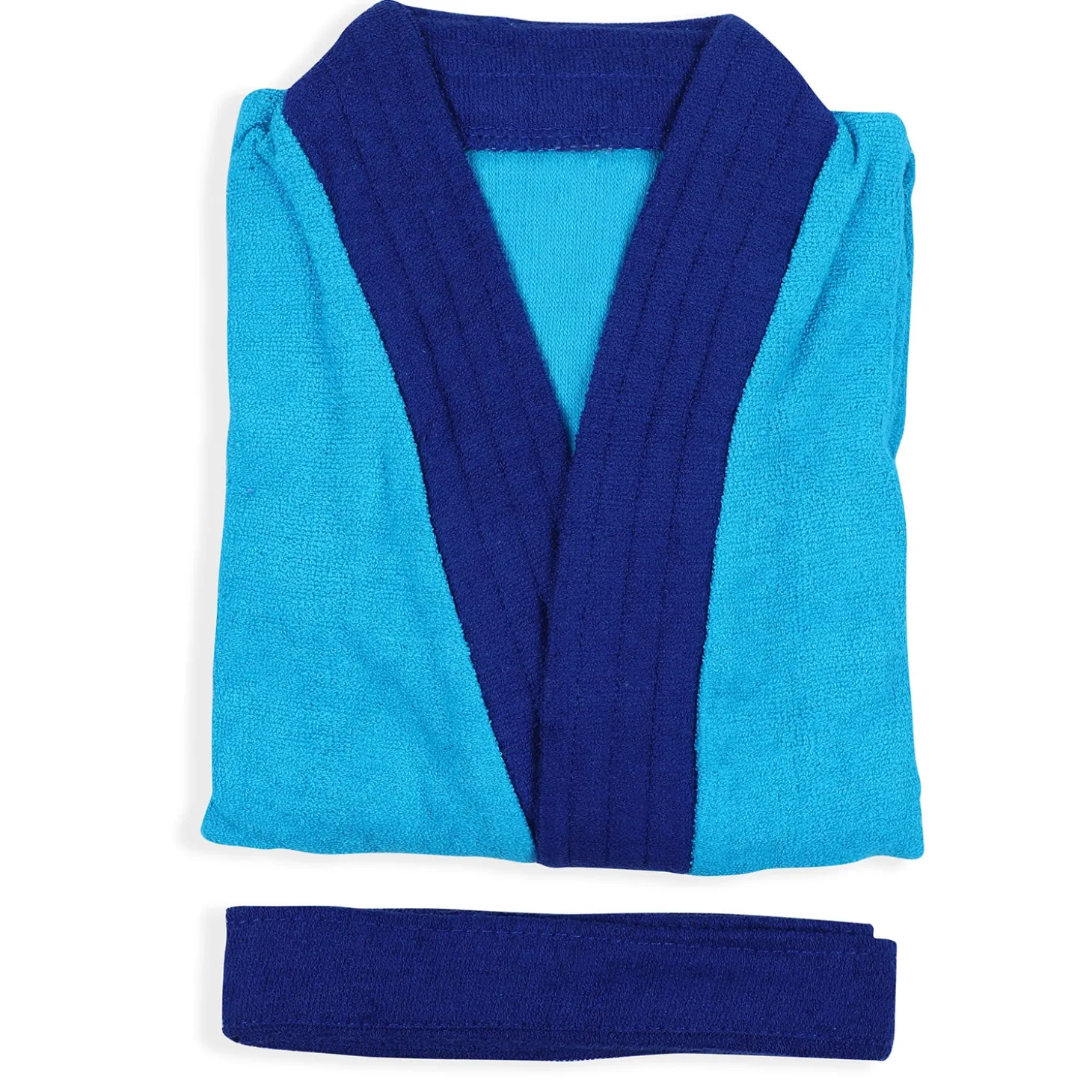 Solid With Piping Toddler Half Sleeves Pocket with Waist Belt Bathrobe - Blue