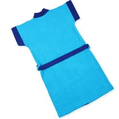 Solid With Piping Toddler Half Sleeves Pocket with Waist Belt Bathrobe - Blue