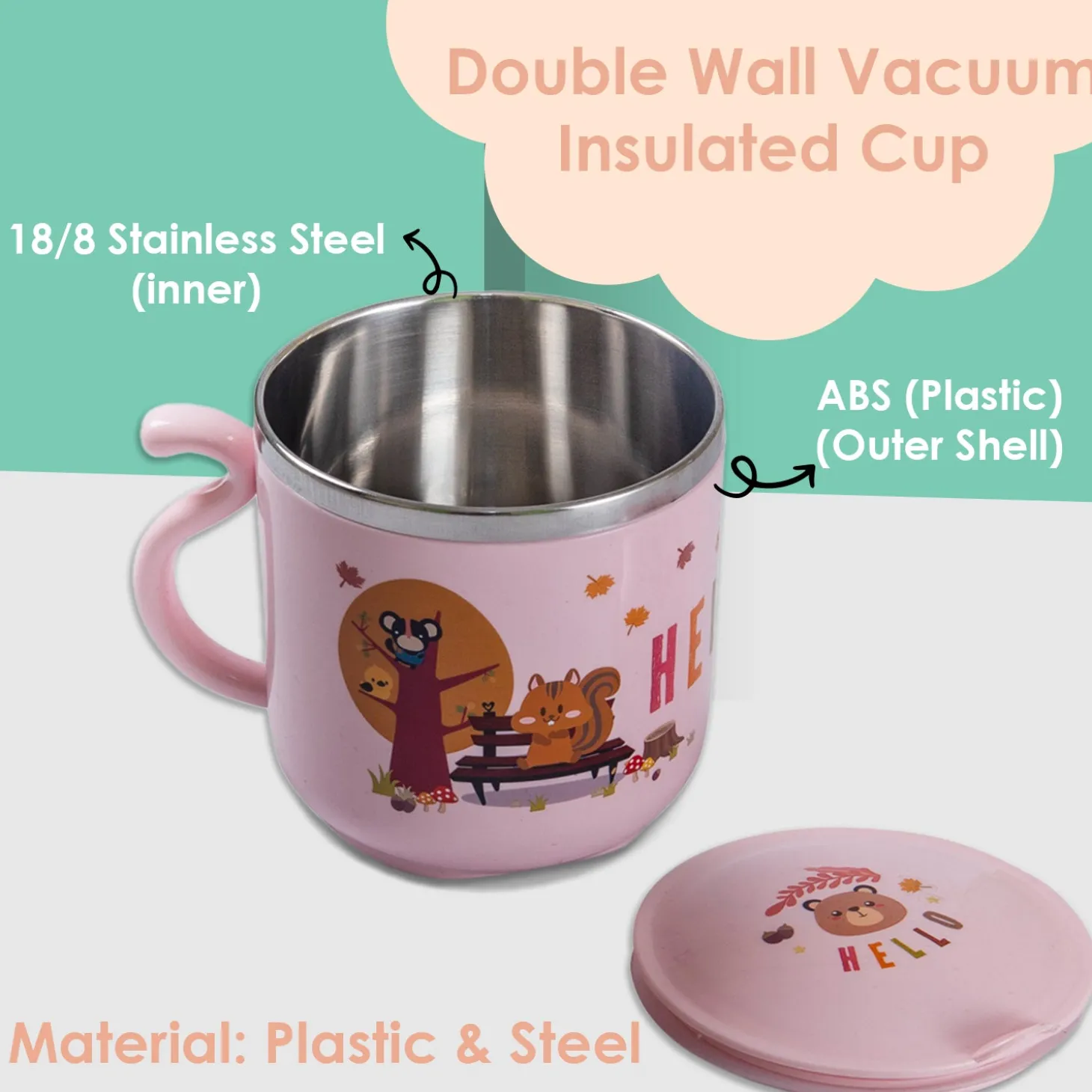 Stainless Steel Water Cup with Lid Bear - Pink