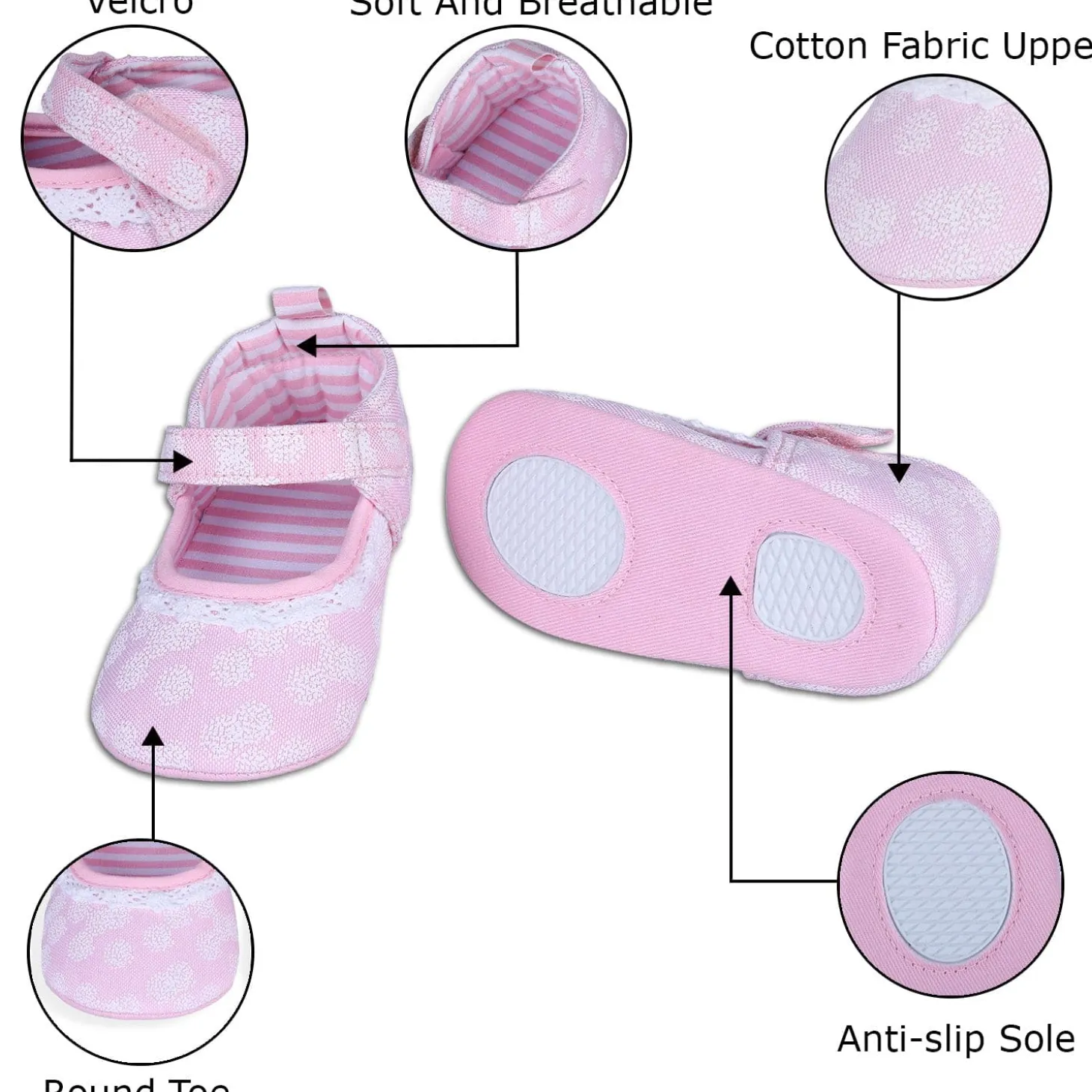 Textured Hookloop Premium Girls Anti-Slip Ballerina Shoes - Pink
