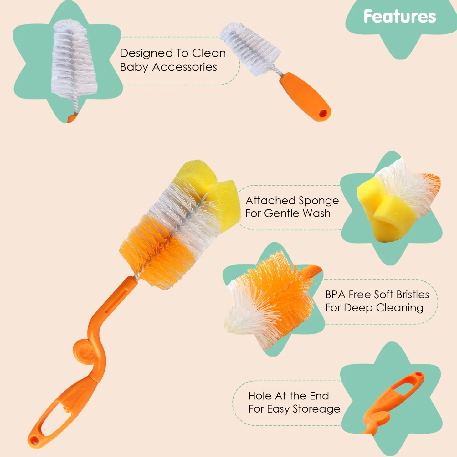 Twist And Turn Orange Bottle And Nipple Cleaning Brush Set of 2