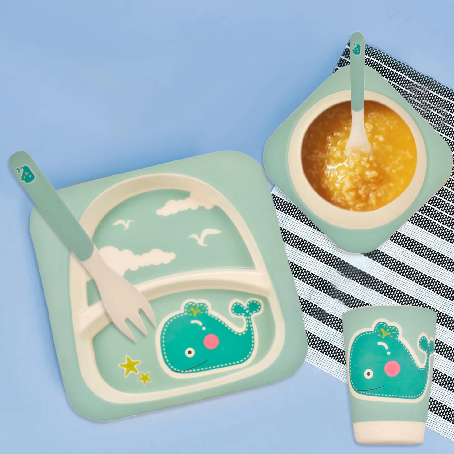 Whale Sea Green Bamboo Fiber Dinner Set