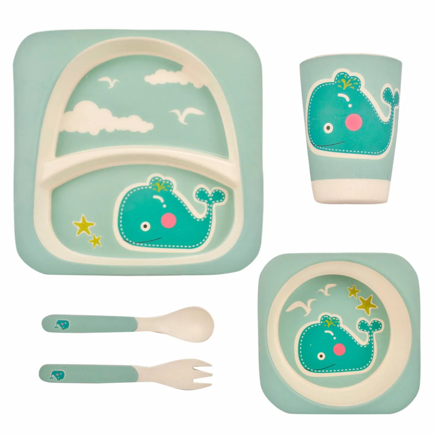 Whale Sea Green Bamboo Fiber Dinner Set