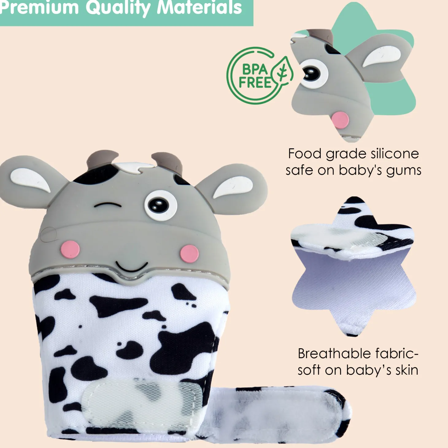 Winking Cow Grey Teething Mitten - 1 pc